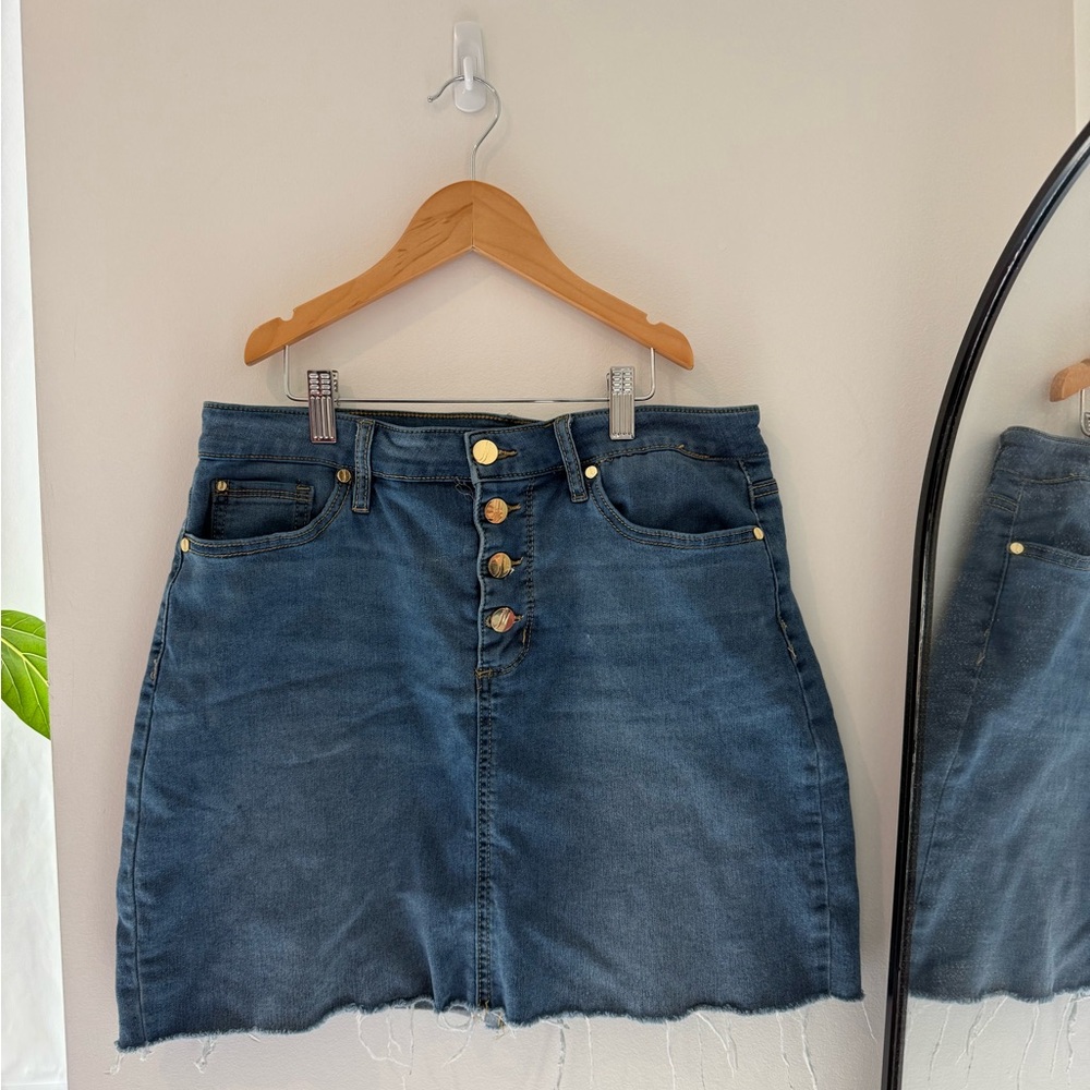 Jones New York Blue Denim Midi Skirt with Gold Buttons